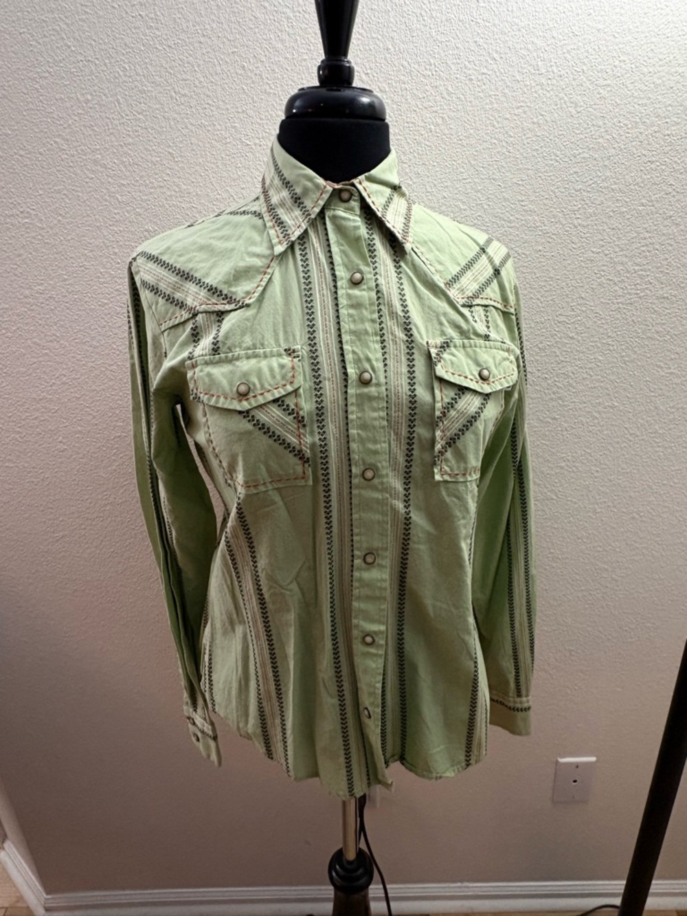 Cruel Girl Light Green Embroidered Western Button-Down Shirt